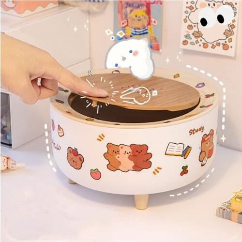 Kawai style desktop garbage can table Cute Mini cover storage box small paper basket on the desk with cute stickers