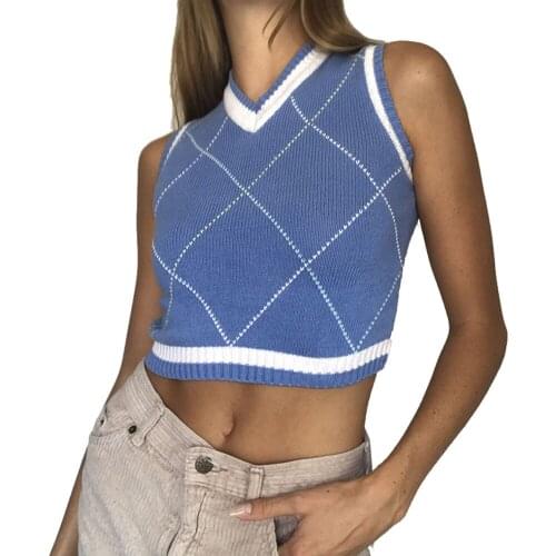 E-girl Argyle Plaid Knitted Sweater Vest Female Streetwear Preppy Style Vintage Striped Clothes V Neck Tank Top Y2K Knitwear