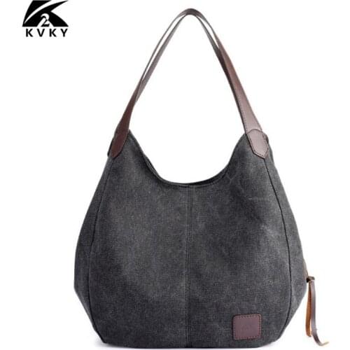 KVKY Vintage Womens Canvas Handbags High Quality Female Hobos Single Shoulder Bags Solid Multi-pocket Ladies Totes