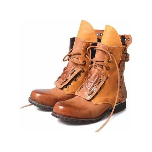 Burgurdy Brown Round Toe Retro Gradient Lace Up Front Zip Buckles Genuine Leather Girls Short Boots Flat Ankle Boots Winter