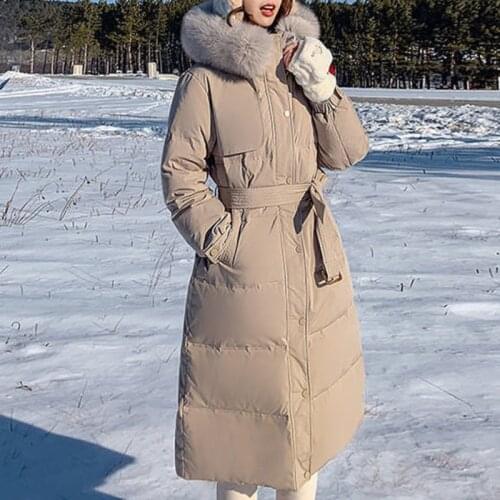 White Duck Down Jacket Women Winter New Big Real Fur Collar Hooded Korean Elegant Office Lady Long Thickened Warm Parker Coat