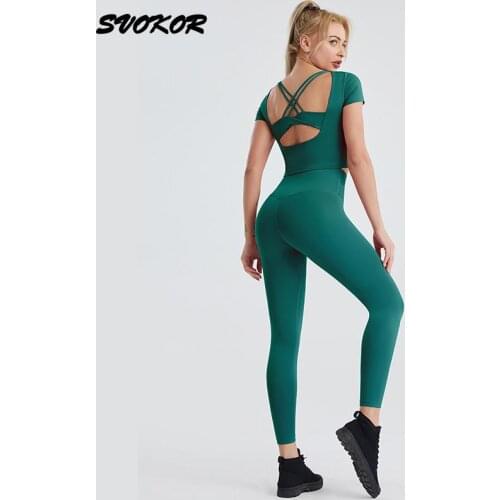 SVOKOR Hollow Women 2Pcs Sport Suit Breathable Yoga Set Stretch Workout Gym Sets Fitness Crop Top Leggings Sportswear