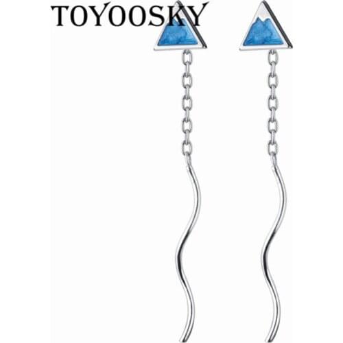 100% 925 Solid Real Sterling Silver Ear Line Earrings Blue Drop Glaze Triangle Iceberg Shaped Jewelry For Girls Friends