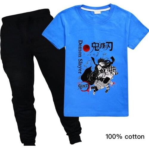 Kawaii Harajuku Tshirts+Pants 2PCS Kids Toddler Boy Clothes Sets Anime Cartoon Demon Slayer Children Clothing Ropa Bebe