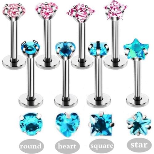 5 pcs/lot Heart CZ Zircon Labret Lip Piercing Jewelry Surgical Steel Cartilage Tragus Ear Studs Screw Percing Nose Ring Bijoux