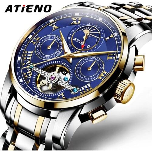 ATIENO New Arrival Men Automatic Watch Tourbillion Waterproof Stainless Steel Business Wristwatch Timepiece reloj hombre