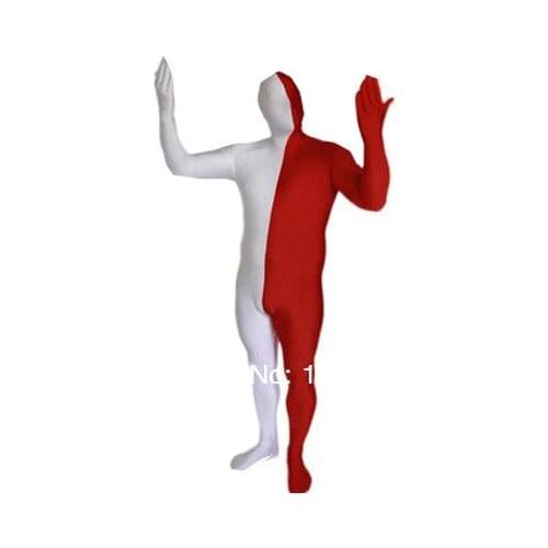 White and Red Split Spandex Zentai Suit Fullbody Catsuit