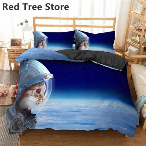 Funny Cat&Dog Animals 2/3pcs Bedding Sets Pillowcase Outer Space Planet Cats Astronaut Quilt Cover 90x190 Twin Size For Children