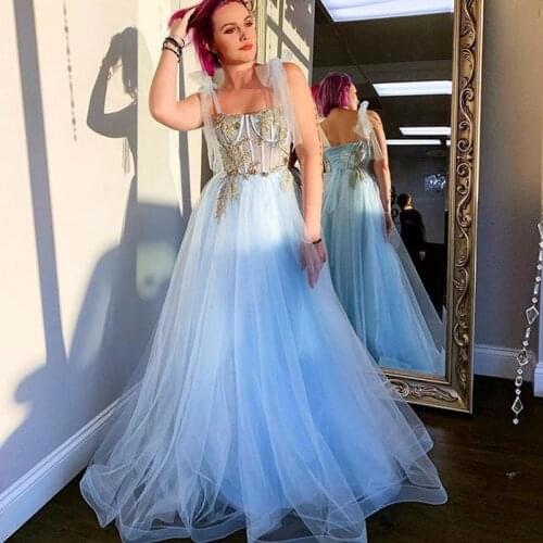 Baby Blue 2020 Plus Size Tulle Dress Gold Lace Appliques Boned Illusion Top Bow Ribbon Evening Gowns