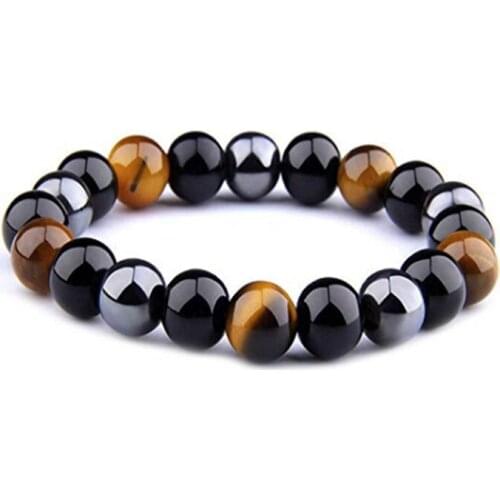 FYJS Unique Handmade Tiger Eye Stone 8 mm Round Beads Stretchy Bracelet Black Agates Jewelry