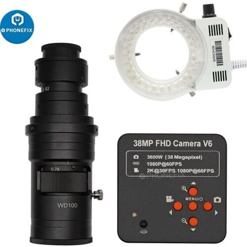38MP 1080P HDMI Video Microscope Camera Adjustable Zoom 130X/200X/250X Zoom C Mount Lens 56 LED Ring Light Phone PCB Soldering