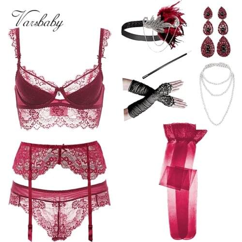 Varsbaby sexy lace 1920s 5pcs+ bras+panties+garters+ stockings underwear set 9pcs for women
