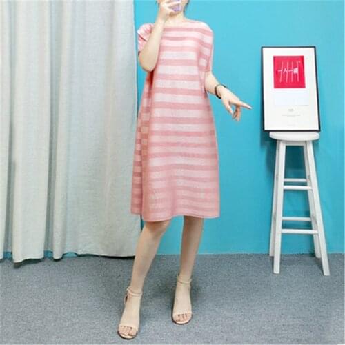Miyake pleated dress summer womens clothing 2021 new fashion and comfortable striped a-line loose large size dress dress women