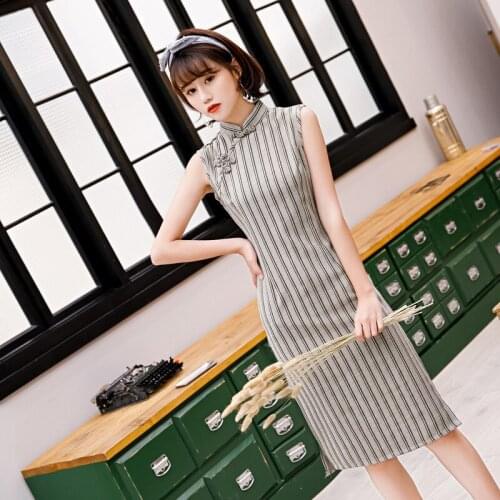 Fashion elegant cheongsam slim sleeveless cotton and linen cheongsam dress girls sexy retro slim student cheongsam small dress
