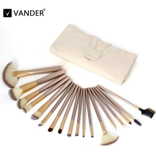 Vander 18Pcs Professional Makeup Brushes Set Champagne Foundation Powder Eyeliner Lip Beauty Tools Toiletry Brush + Leather Case