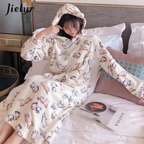 Jielur Nightdress Women Warm Autumn Winter Loose Cute Hooded 2020 Coral Velvet Sleepwear Femme Dress New Gowns
