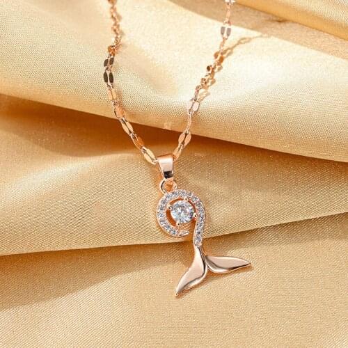 New Trendy Crystal Mermaid Tail Chokers Necklaces For Women No Fade Lip Chain Stainless Steel Pendant Necklace Jewelry Female