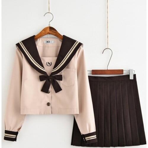 S-XXL JK Student School Girls Uniforms Bubble tea Color Long Sleeve Top+Skirt+Red Bow Cosplay Sailor Uniform