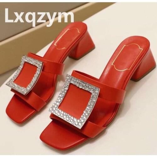 Luxury Woman Slippers Crystal Peep Toe Low-Heeled Genuine Leather Sandals Fashion Summer Beach Ladies Female Shoes Square Heel