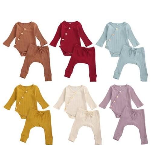 New kids Infants Baby V-Collar Slant Buttons Long Sleeve Knitting Bodysuit Pants Clothes Casual Baby Solid Colar Clothing