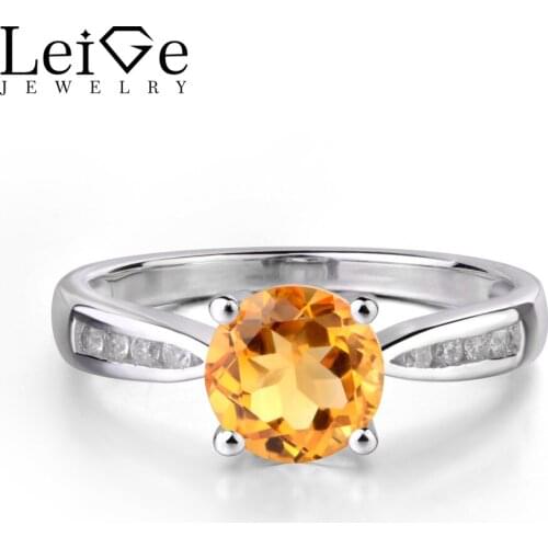 Leige Jewelry Natural Citrine Ring Sterling Silver 925 Wedding Engagement Rings Fine Jewelry Yellow Crystal Round Cut Gemstone