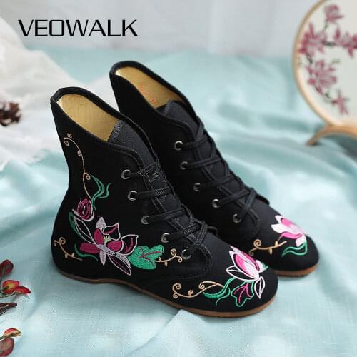 Veowalk Vintage Flowers Embroidered Women Canvas Ankle Boots Spring Autumn Ladies Casual Comfortable Lace Up Flat Booties Shoes