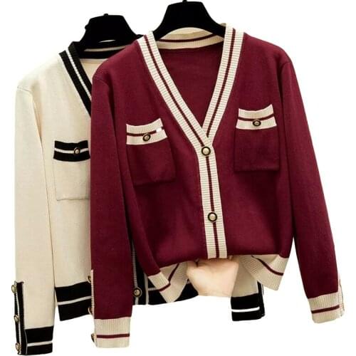 Spring Autumn Women Cardigan Sweater Small Incense Style Fashion Knitted Outwear Coat V Neck Open Cardigans Casual Female Top