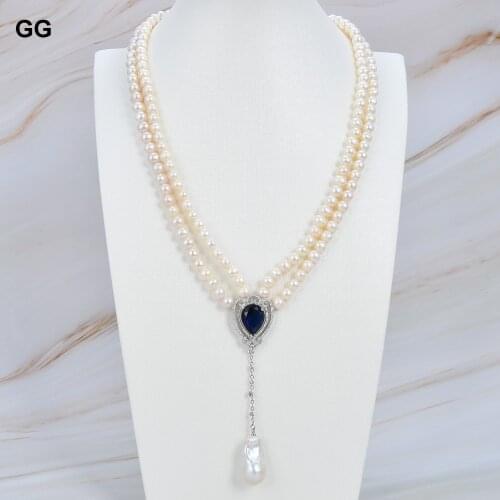 GuaiGuai Jewelry 20'' 2 Strands White Pearl Necklace Blue Heart CZ Pendant