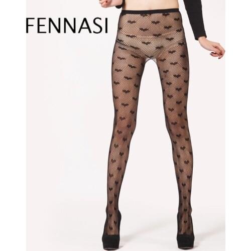FENNASI Love Shape Ladies Fishnet Pantyhose Women Black Fashion Tight Print Pantyhose Mesh Sexy Fishing Net Womens Nylon Tights