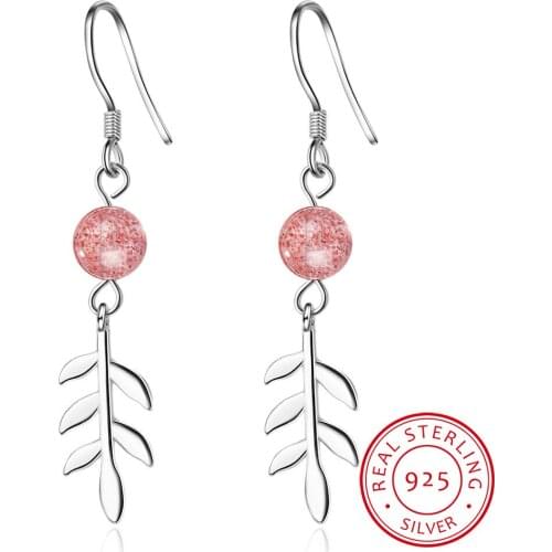 2019 Sweet Simple Bead Natural Strawberry Crystal Tassel Leaf Earrings 925 Sterling Silver Earrings For Women
