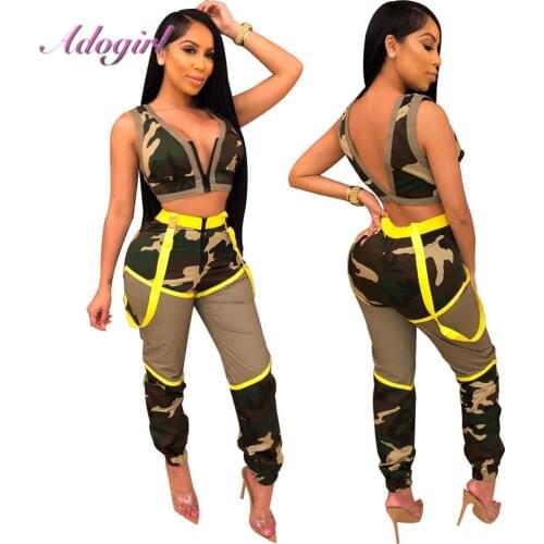 Women Camo Two Piece Set casual Zipper V Neck Sleeveless Crop Top Tank Vest Straps Bib Pants suit set female outfit tracksuit
