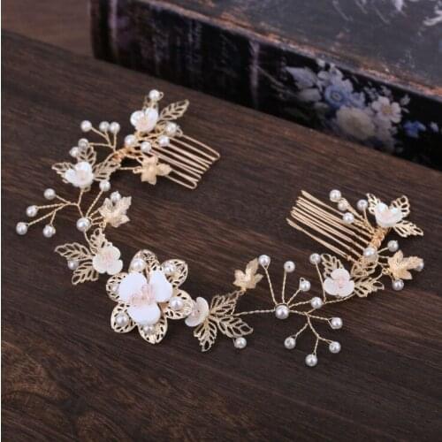Women Fashion Gold Beads Hairband Wedding Hair Jewelry Bridal Hairwear Handmade Flower Headband Comb For Bride accessoires