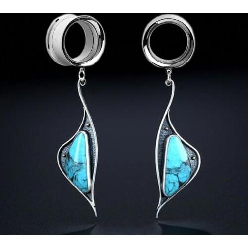 2PCS WaterDrop Pendant Blue Stone Stainless Steel Ear Tunnel Plug Ear Gauges Flesh Tunnel Earring Piercing Expander 4mm-25mm