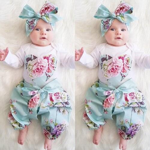 3PCS Newborn Infant Baby Girls Clothes Long Sleeve Heart-shaped Floral Rompers Baby Girl Toddler Jumpsuit Sunsuit