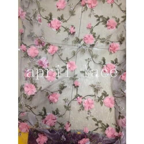 5yards JY003 pink chiffon 3d rose organdy print flower lace fabric for wedding/evening dress/sawing, shipping by dhl