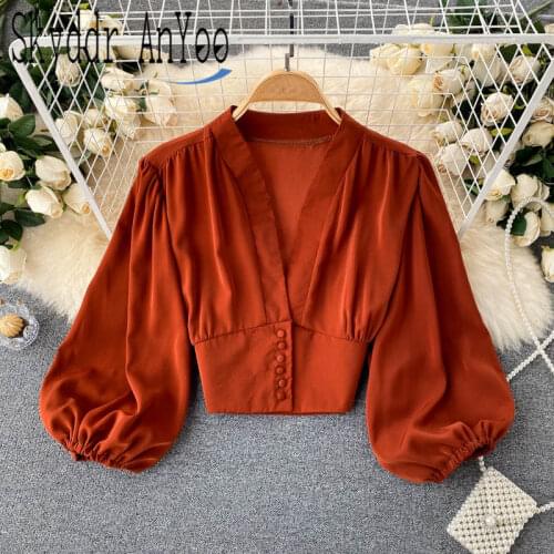 Summer Fashion Women Blouse Shirts Sexy Deep V Neck Slim Crop Top Puff Long Sleeve Elegant Chic White Blouses