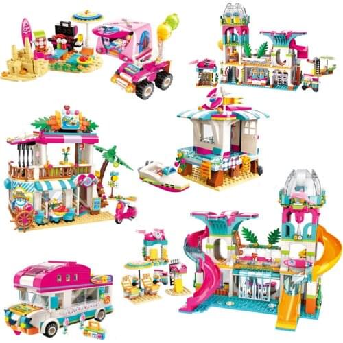 Girls Seaside Beach Building Blocks Slide Amusement Park House Party Dolphin Rescue Sets Bricks Friends Toy For Children Gifts
