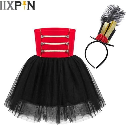 Kids Girls Nutcracker Circus Ringmaster Costume Drum Majorette Performance Outfits Girls Cake Tulle Tutu Dress With Headband Set