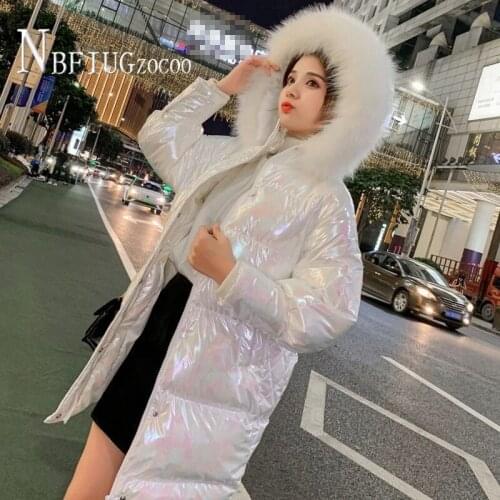 Women Parkas Students Korean Loose Glossy Fabric Long Style Big Faux Fur Collar Thick Female Overcoat