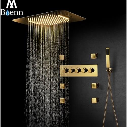M Boenn Ti-PVD Gold Shower Systems Bathroom Faucets Rain Shower Set Music LED Shower Head Thermostatic Brass Concealed Mixer
