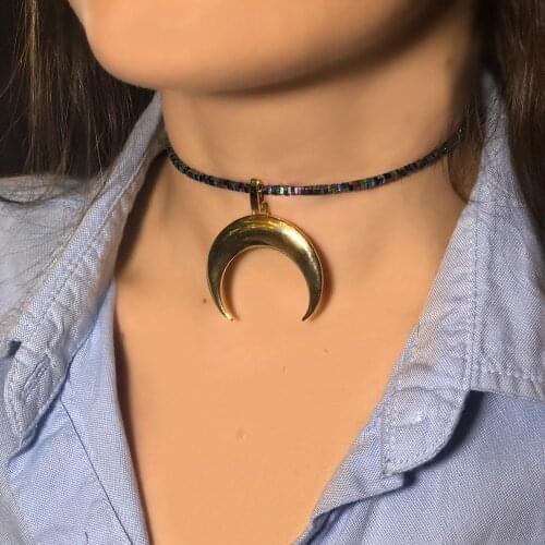 GULCE DERELI, MOON SYMBOL, CHARM NECKLACE, CHOKER NECKLACE, HEMATITE NECKLACE, GIFT BOX, GOLD/SILVER PLATED