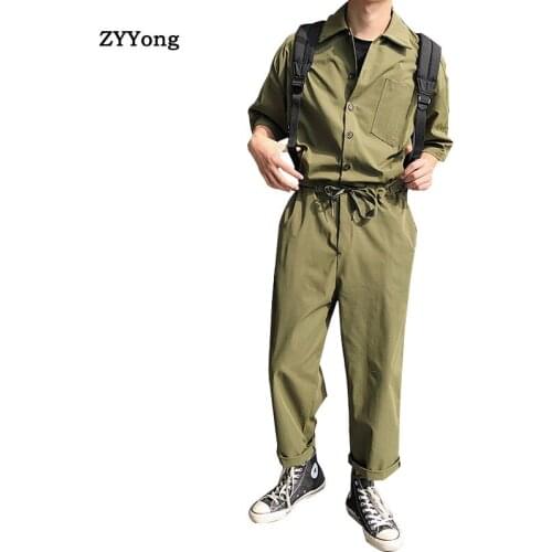 Summer Jumpsuit Men Overalls Rompers Turndown Collar Short Sleeve Casual Cargo Pants Joggers Ankle Length Youth Black Trousers