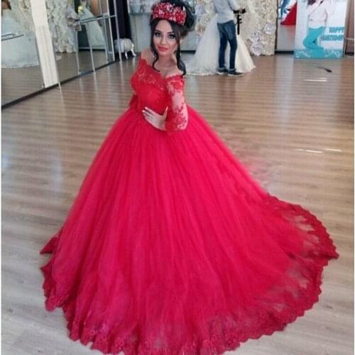 Red Ball Gown 2018 Vestido de noiva Vintage Lace Appliques Bridal Gowns Romantic long sleeve Arab mother of the bride dresses