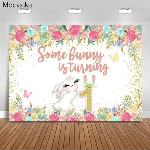 Mocsicka Birthday Party Background Cute Rabbit Flower Bush Photo Background Decoration First Birthday Party Photography Banner