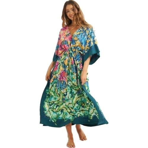 Dubai Trendy Monat Garden Floral Pattern Caftan Greece goddess Bohemian Maxi Dress Oversize Drawstring waist Oasis Design Kaftan