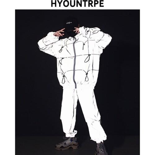 2 Pieces Sets Mens Fashion Reflective Full Zipper Jackets And Elastic Waist Loose Fit Reflect Pants Hip Hop New Streetwear Set