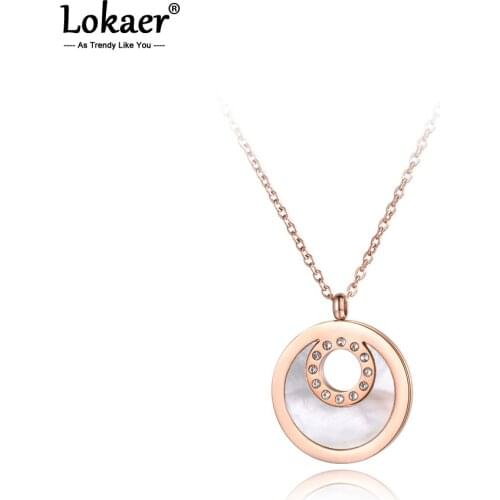 Lokaer Mosaic Rhinestone Stainless Steel Chokers Necklaces Moon Shape Shell With Circle Rose Gold Women Pendant Necklace N19044