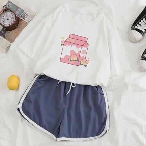Pj Sets for Women Peach Milk Drink Graphic T Shirts Pajama Sets Short Cute Pajama Sets Sleepwear Two Piece Summer Ouitfit