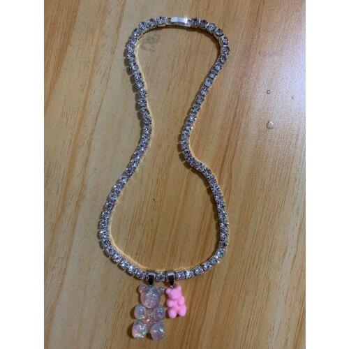 Handmade Colourful Cute Cartoon Bear Pendant Necklace Rhinestone Shiny Personality Hip-Hop Sweater Chain Jewelry Women Girl Gift