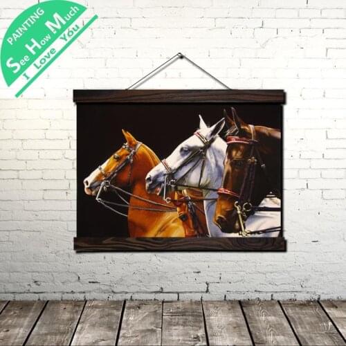 Three Horses Scroll Painting Canvas Vintage Poster and Print Wall Art Picture Living Room Bedroom Farmhouse Decoration